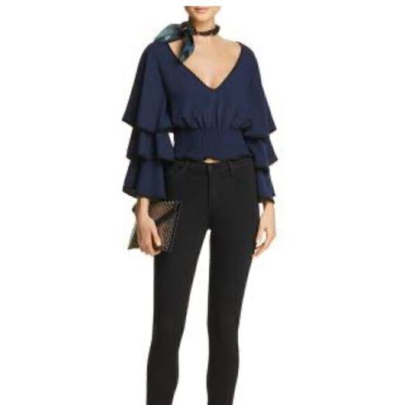 NWT Likely Sloane Top Navy Blue Size XS Tiered Sleeve Cropped - Picture 3 of 7